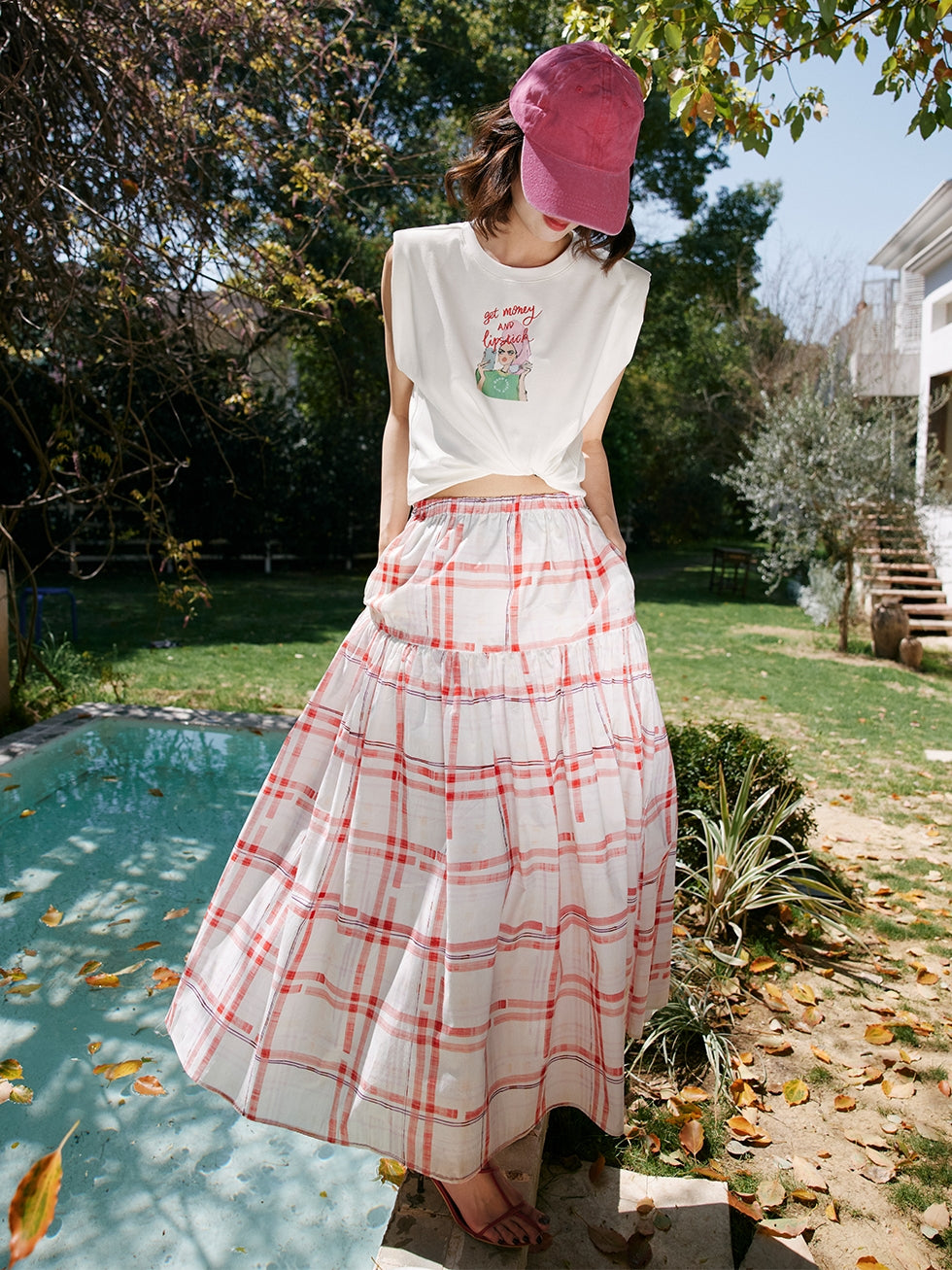 Red Chequered Swing Skirt_BDHL7473