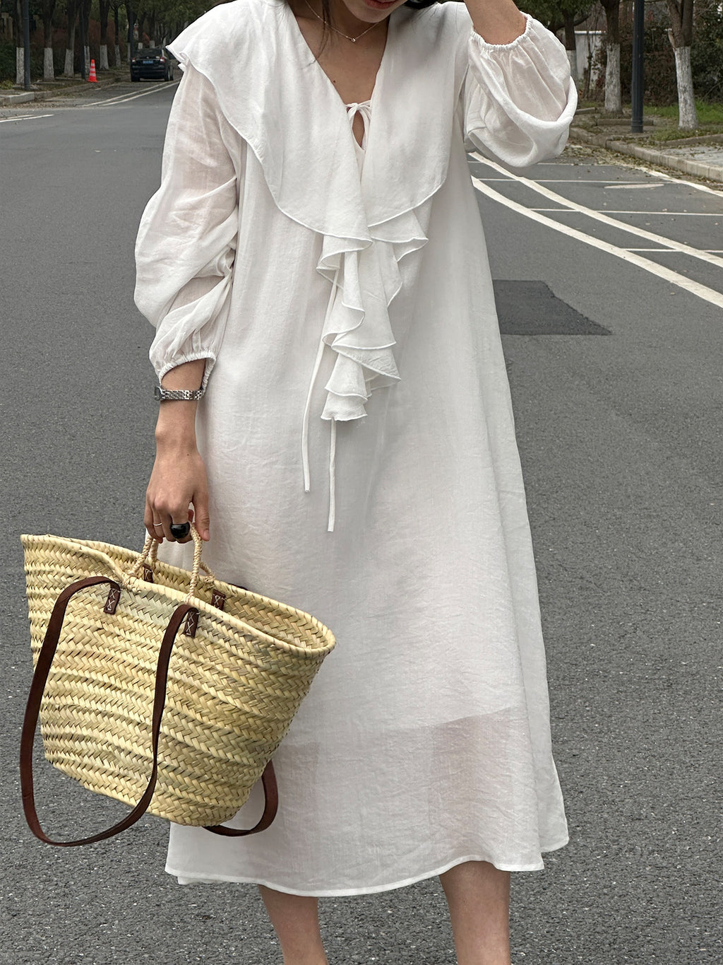 Ruffle V-neck Puff Sleeve Loose Long Dress_BDHL8262