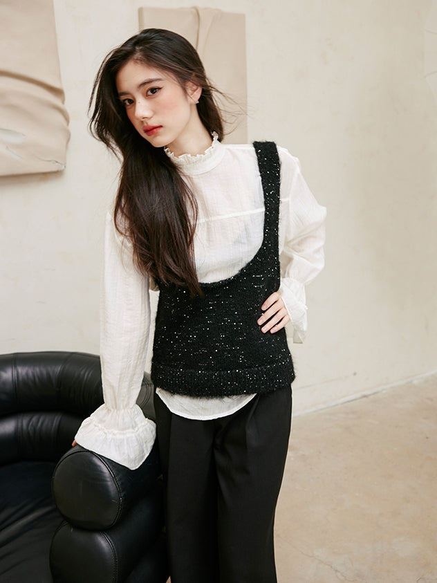 Glitter U-Neck Black Knitted Vest_BDHL6756