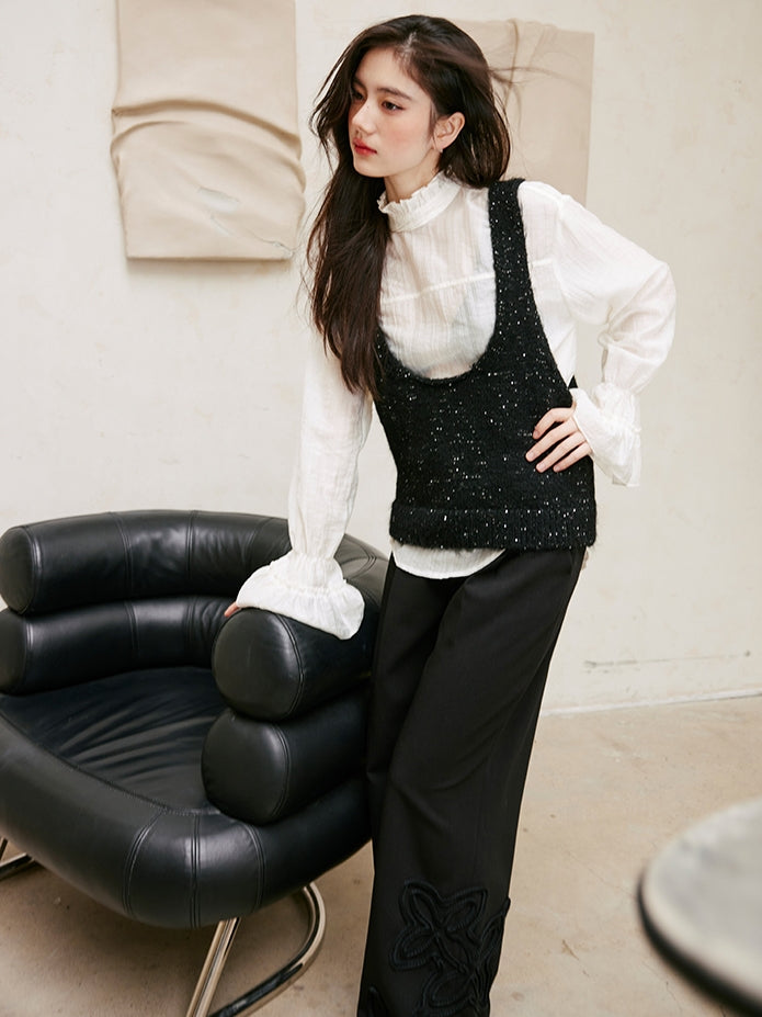 Glitter U-Neck Black Knitted Vest_BDHL6756