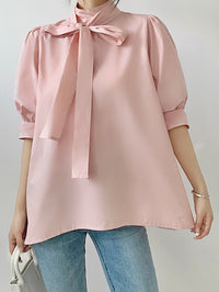 Lantern Sleeve Bow Tie Tops_BDHL7218