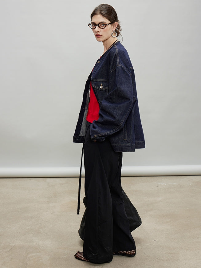 Retro Collarless Denim Jacket_BDHL7197
