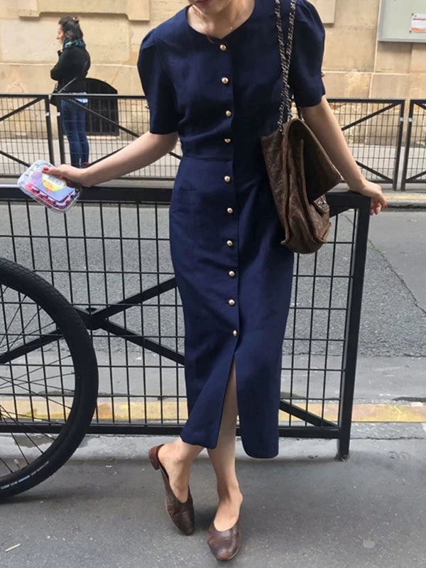 Front Button Short-Sleeved Dress_BDHL7571