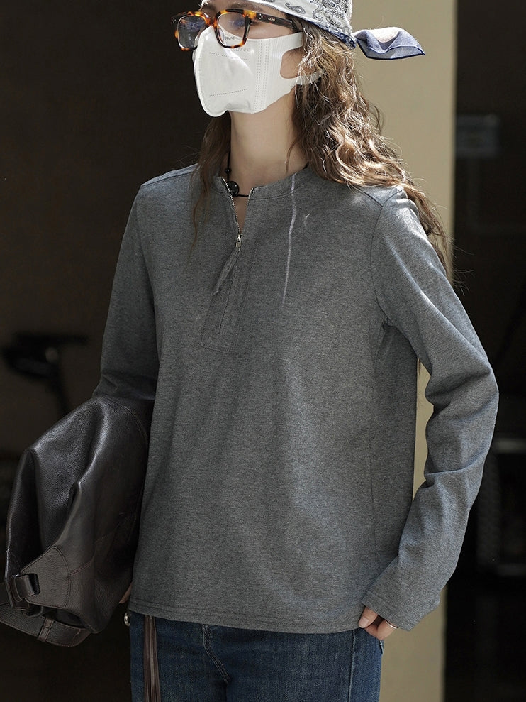 Simple Half-Zip Long-Sleeved Tops_BDHL7776