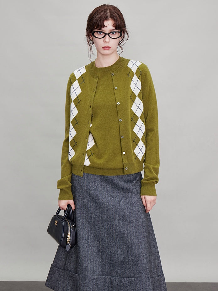 Green Argyle Short-Sleeved Tops Or Cardigan_BDHL6631