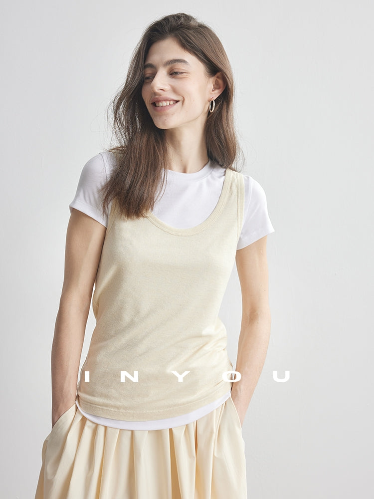Round Neck T-Shirt And Sleeveless Tops Set_BDHL7174