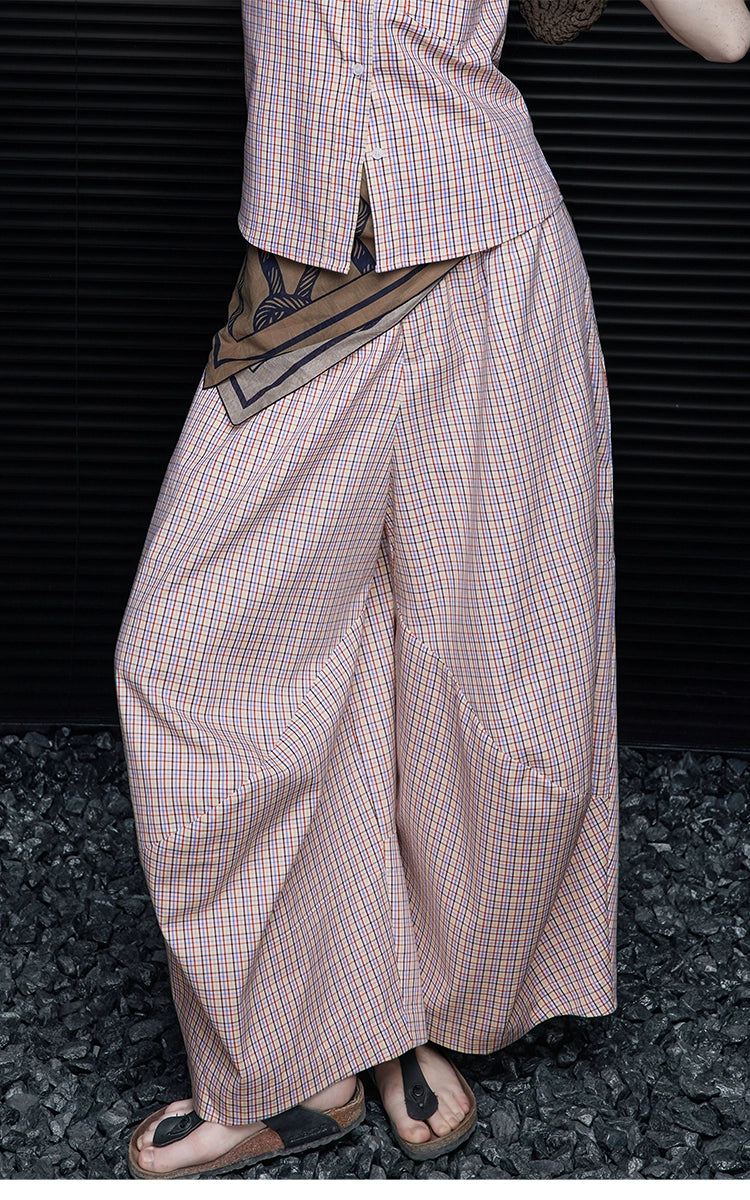 Pink Check Cotton Loose Wide-leg Slacks Pants_BDHL7638