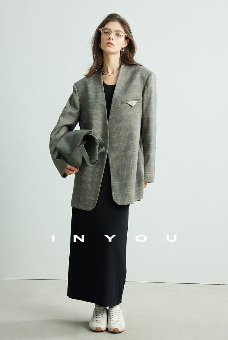 Chequered Collarless Jacket_BDHL7154