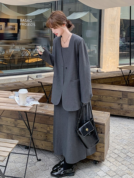 No Collar Jacket And Dress Suit Set_BDHL7562