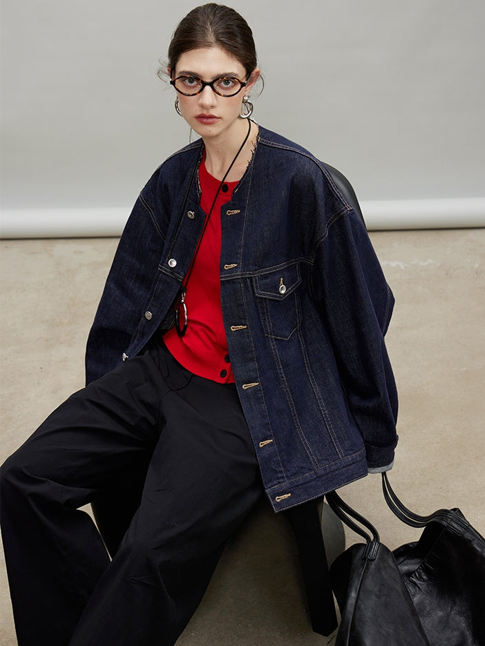 Retro Collarless Denim Jacket_BDHL7197