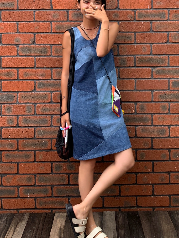 Colorblock Denim Sleeveless Dresses_BDHL6130