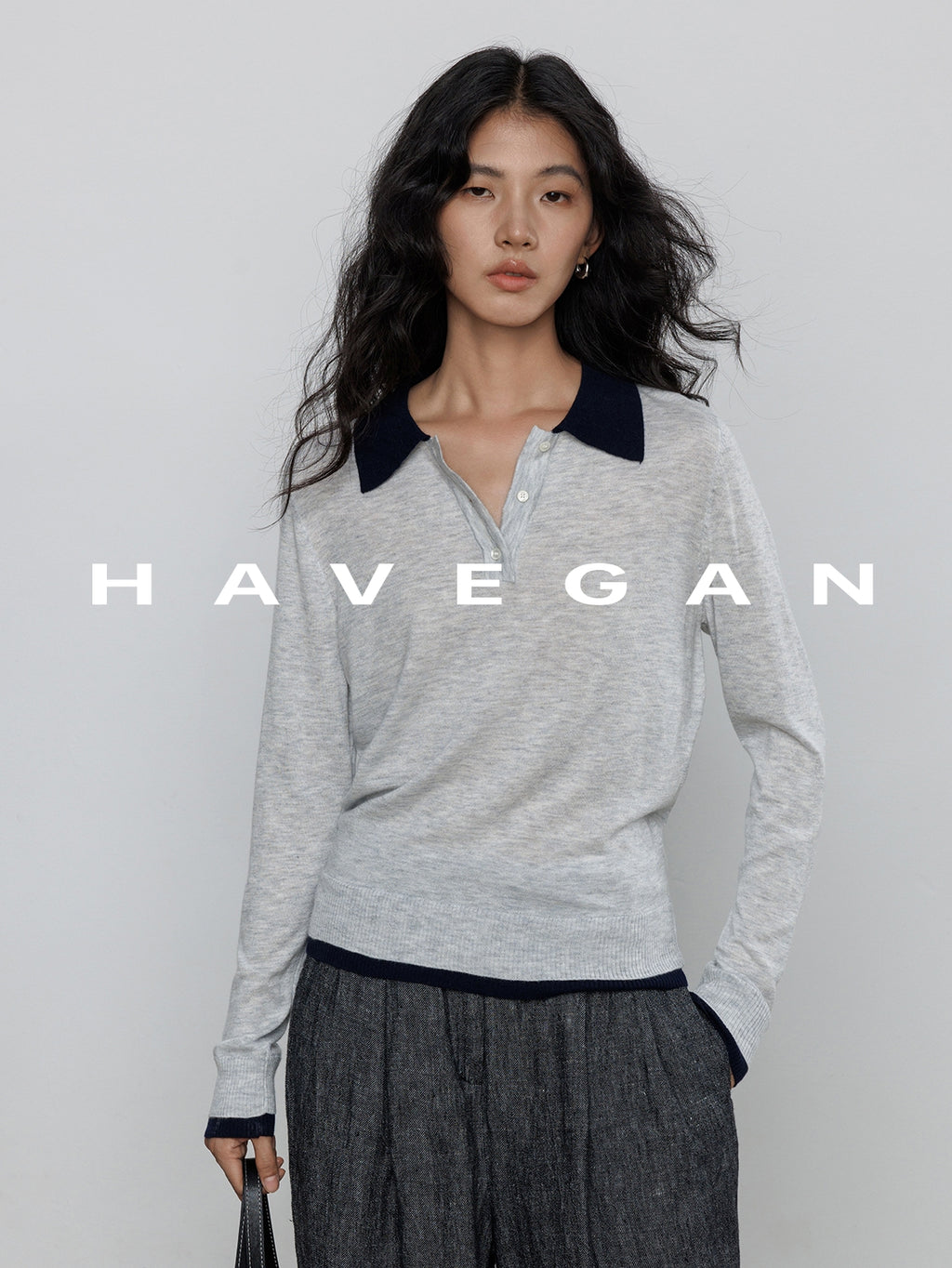 Contrast Collar Long-Sleeved Tops_BDHL7694
