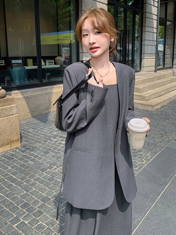 No Collar Jacket And Dress Suit Set_BDHL7562