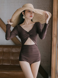 Twist Front Vintage Long Sleeve One-Piece Swimsuit_HL3240