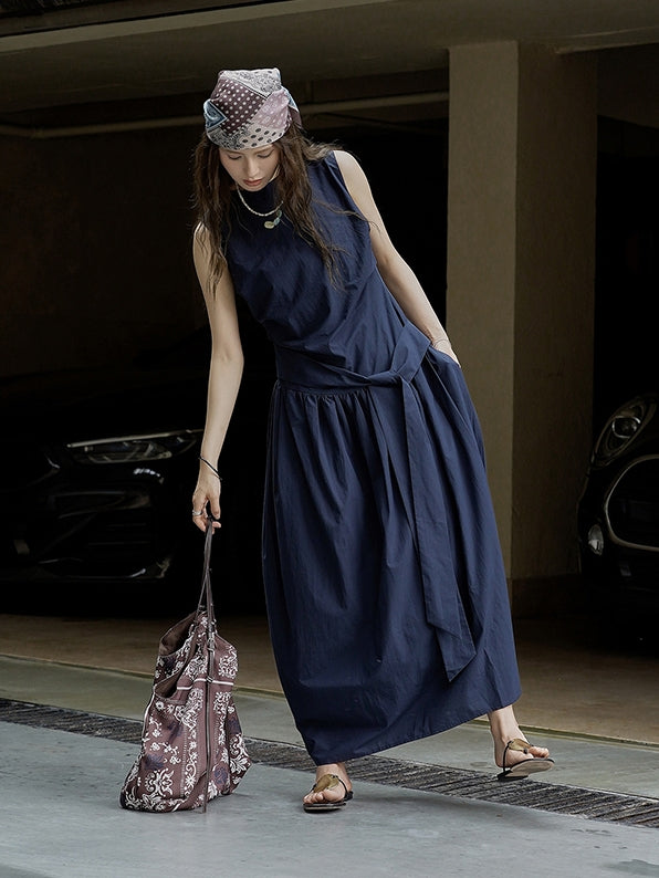 Pleated Strap Sleeveless Dress_BDHL7532