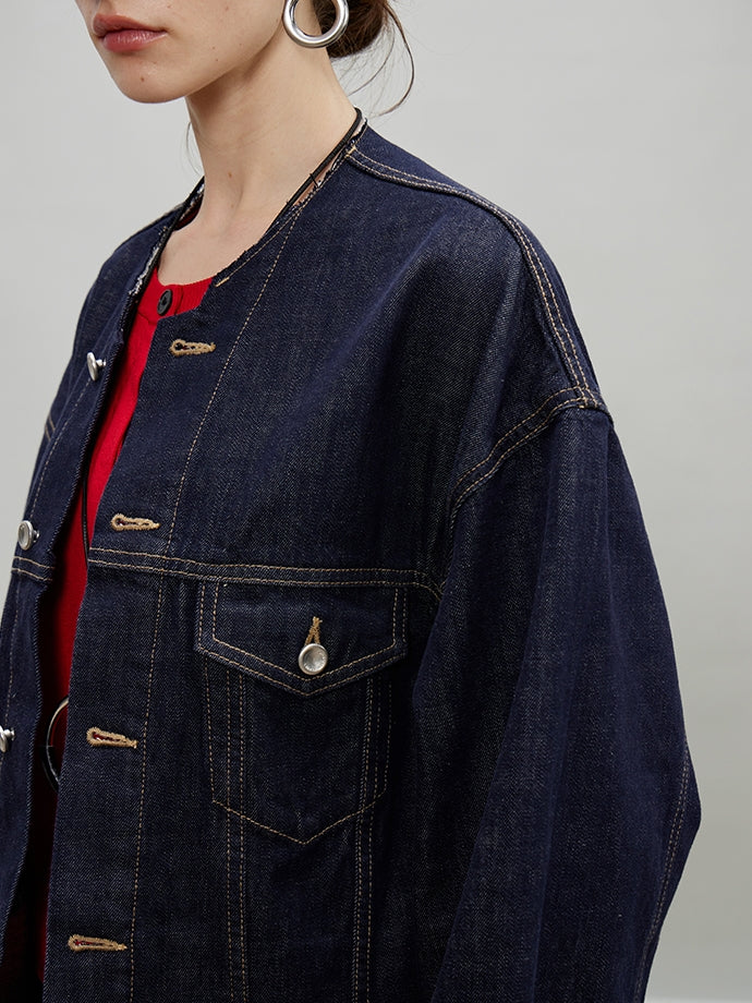 Retro Collarless Denim Jacket_BDHL7197