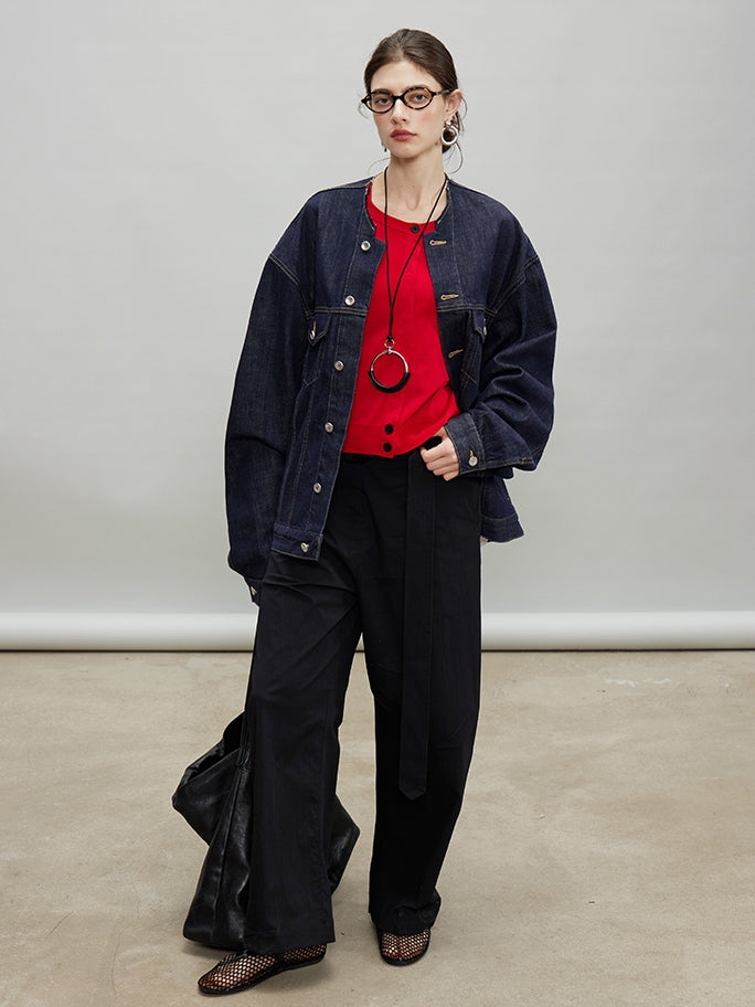 Retro Collarless Denim Jacket_BDHL7197