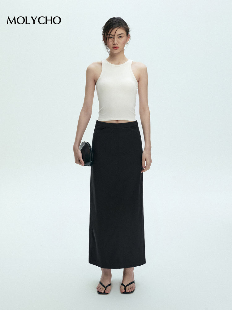 Black Long Straight Skirt_BDHL7428
