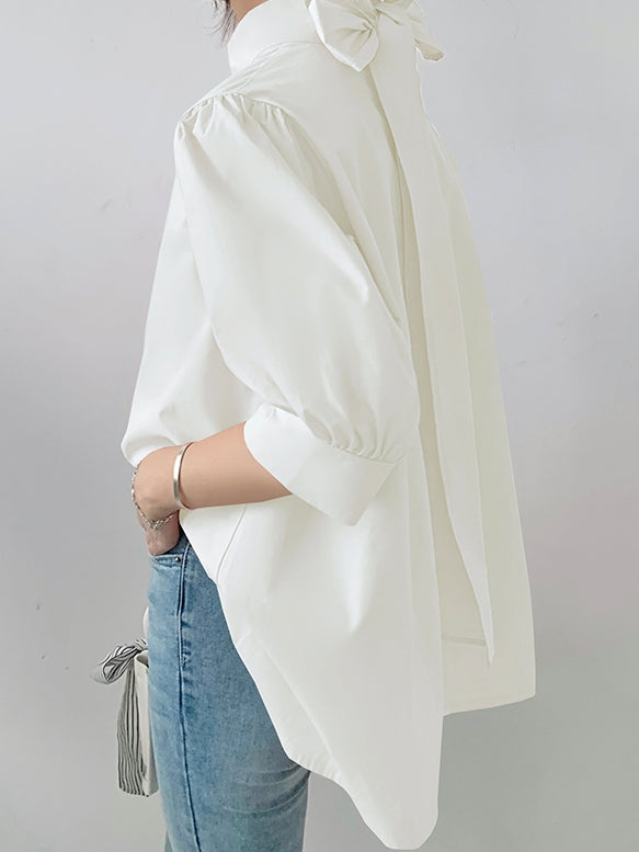 Lantern Sleeve Bow Tie Tops_BDHL7218