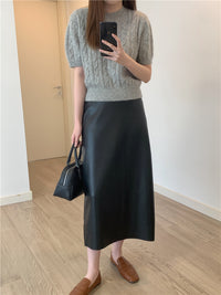 PU Leather Back Slit Skirt_BDHL6766