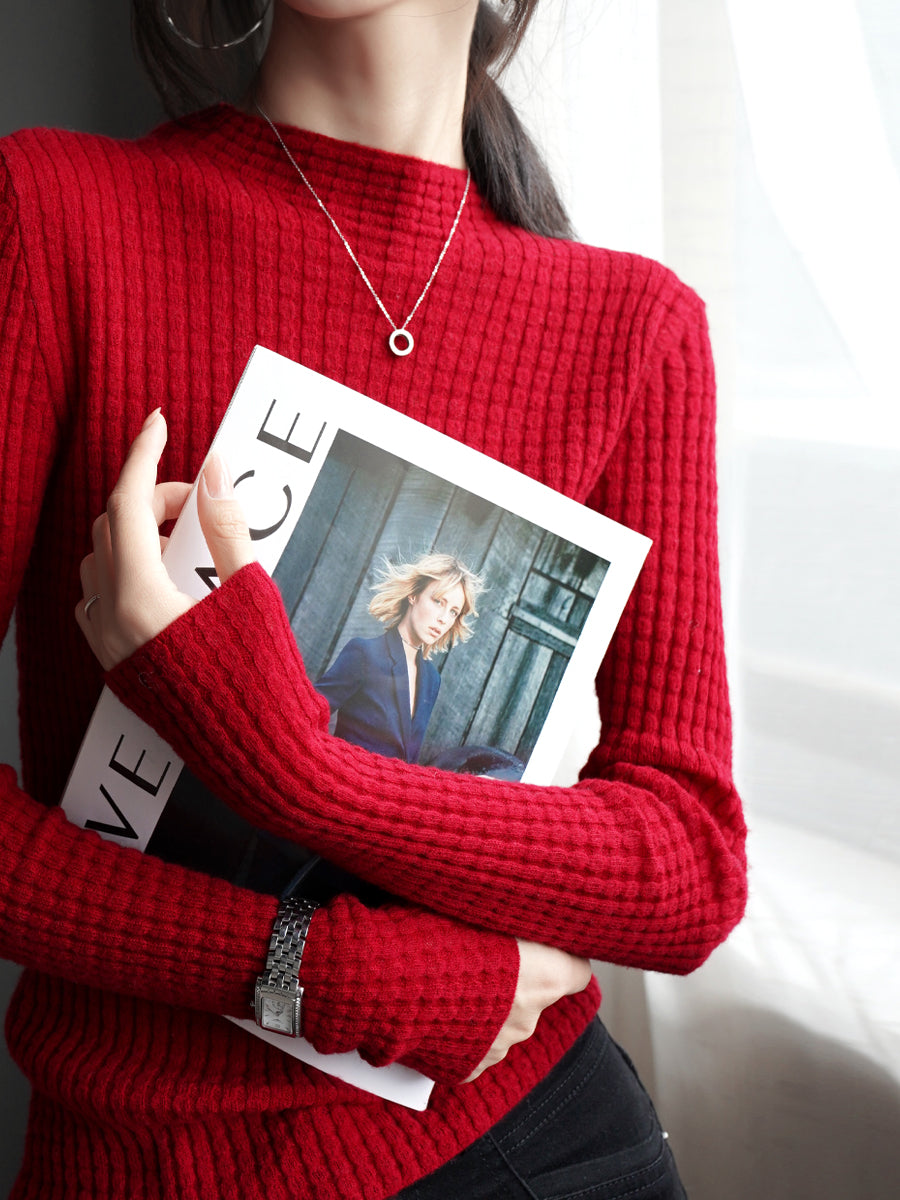 Turtleneck Or High-Neck Waffle Knit Tops_BDHL7930