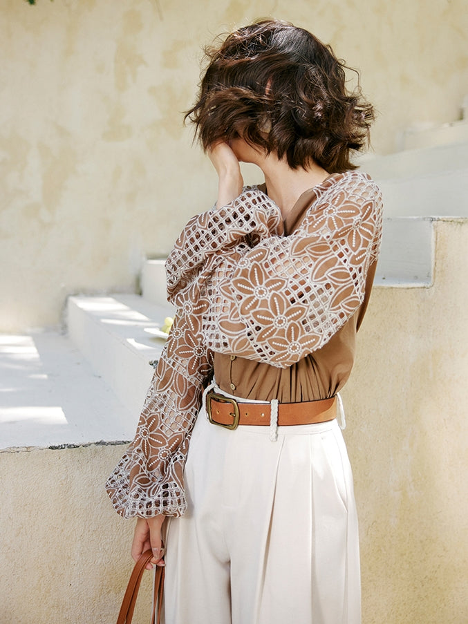 Patchwork Lantern Sleeveless Shirt_BDHL7474