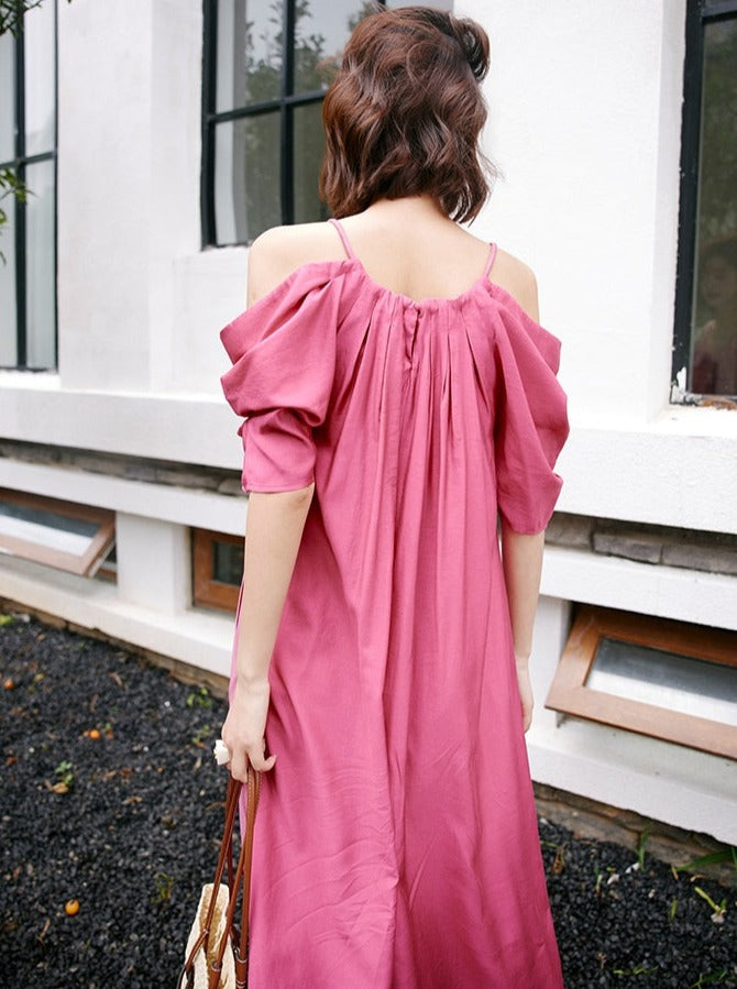 Strap Off-Shoulder Gathered Dress_BDHL6251