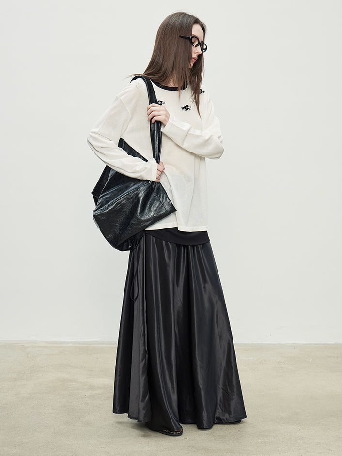 Black Double Fabric Long Skirt_BDHL7075