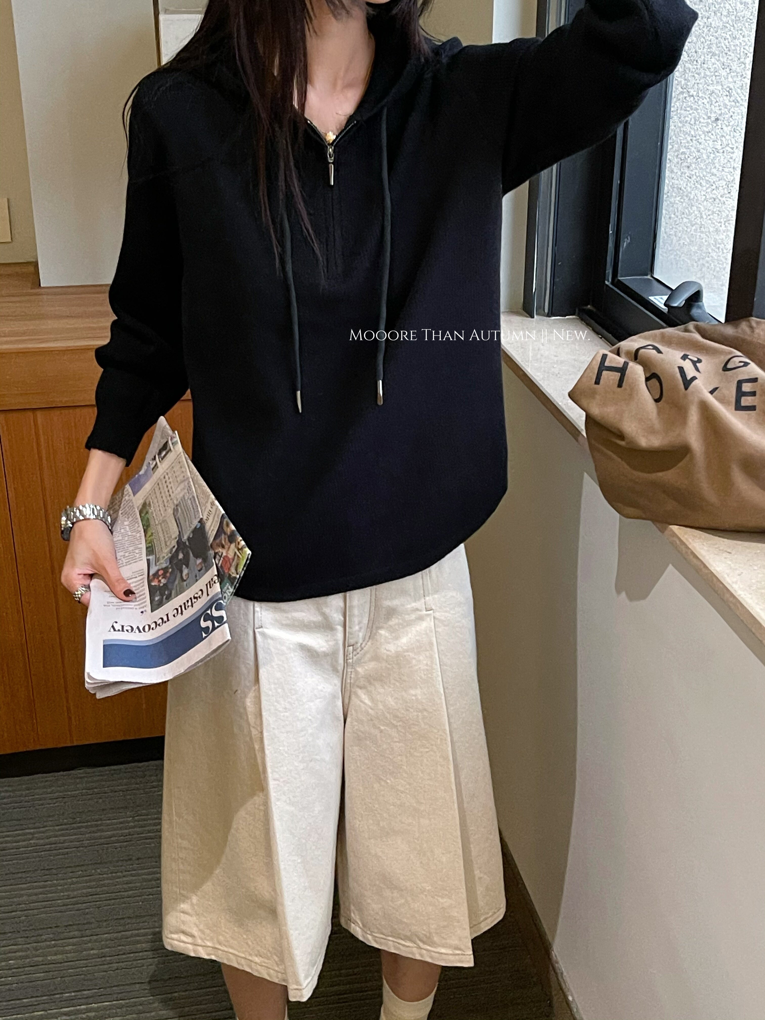 Hooded Half-Zip Knit Tops_BDHL7850