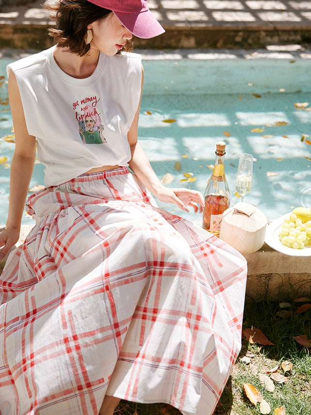 Red Chequered Swing Skirt_BDHL7473