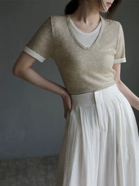 Soft Crew Neck Fake Two-Piece Knit Tee_BDHL7313