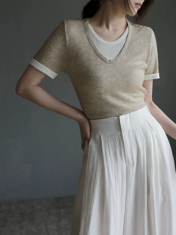 Soft Crew Neck Fake Two-Piece Knit Tee_BDHL7313