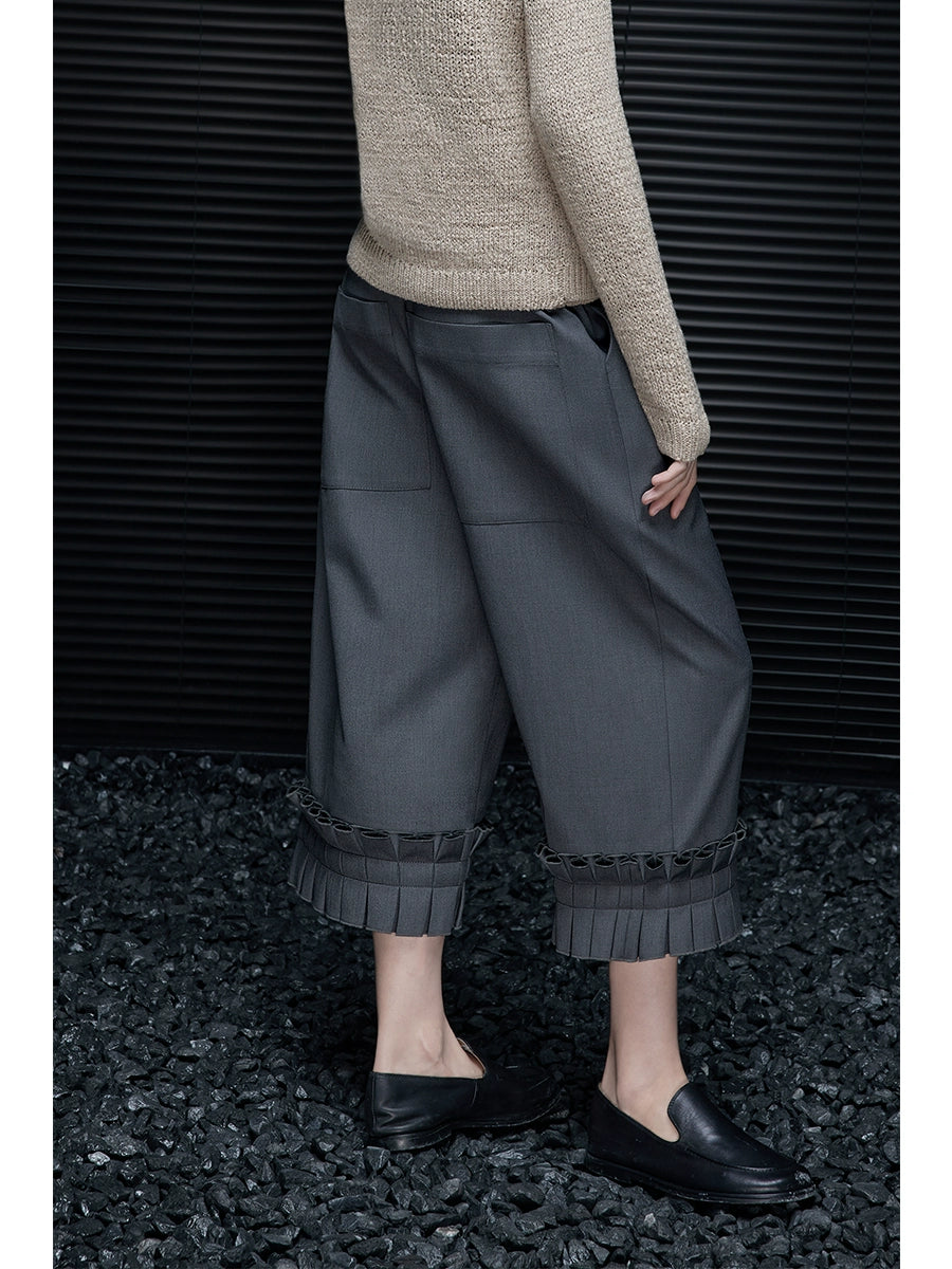 Pleated Hem Cropped Wide-Leg Pants_BDHL7642