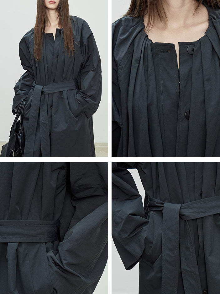 Collarless Loose Long Windbreaker_BDHL7088