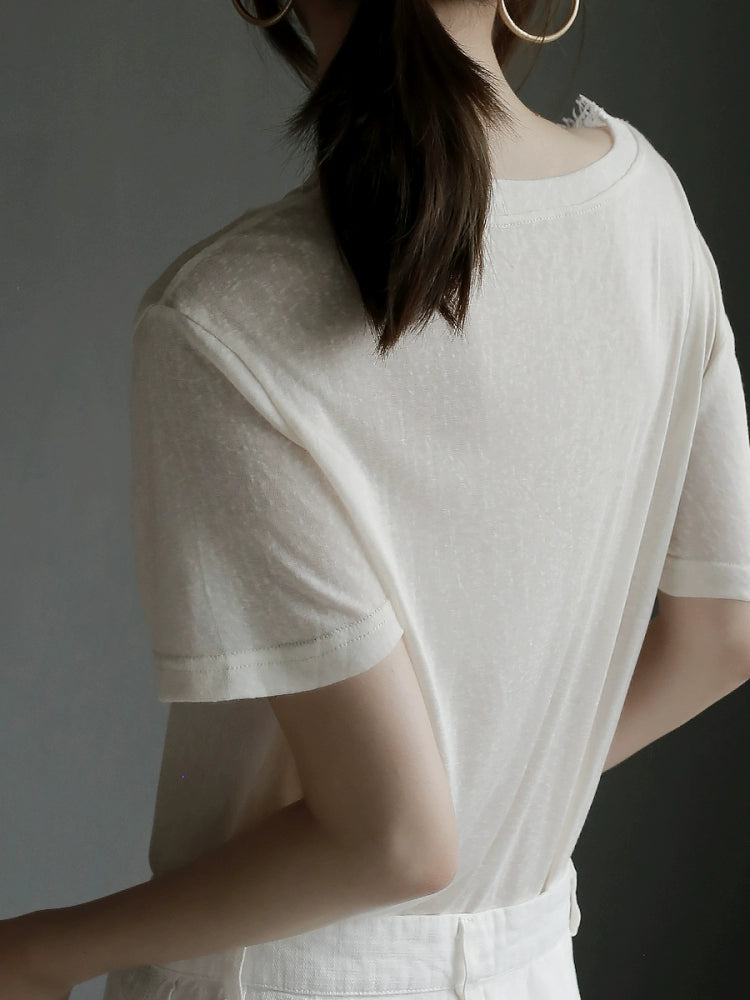 Cloud Cotton Lace Panel V-Neck Sheer T-Shirt_BDHL7303