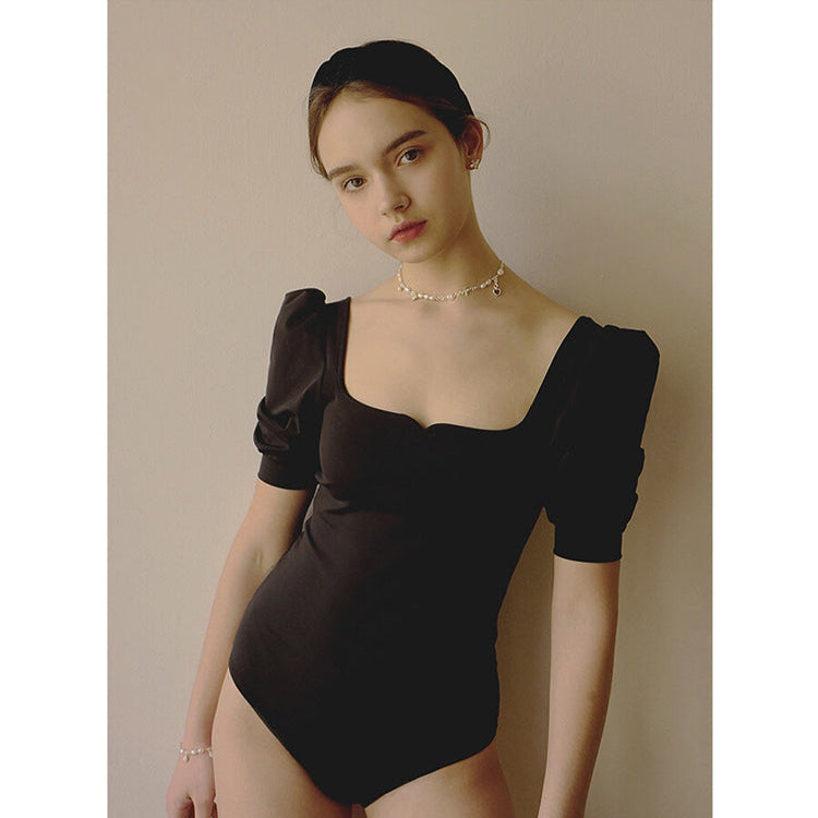 French Retro Puff Sleeve Backless Swimsuit_HL3236