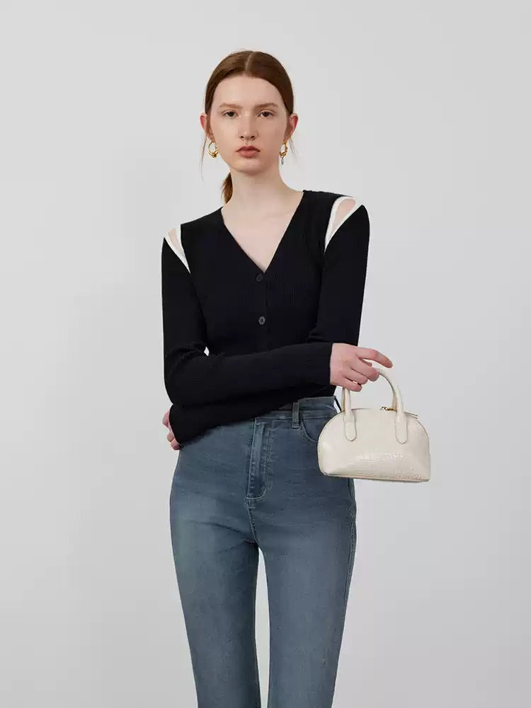 Shoulder Cut-Out V-Neck Cardigan_BDHL7143