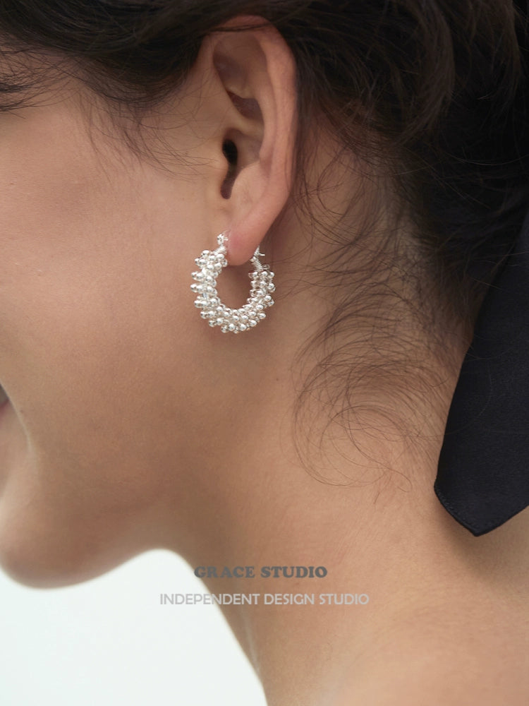 Shiny Bead Wave Hoop Pierced Earrings_BDHL7685
