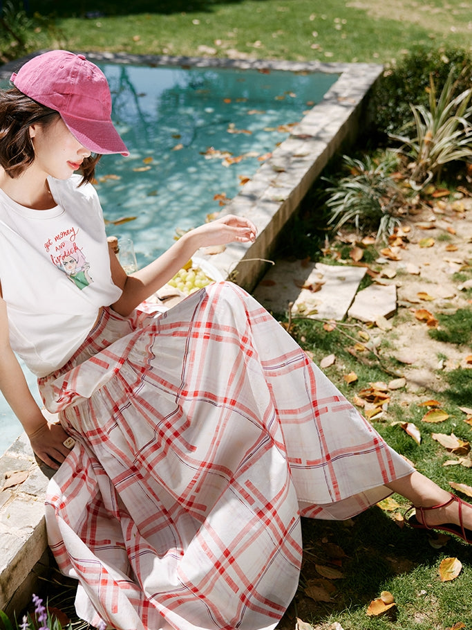 Red Chequered Swing Skirt_BDHL7473