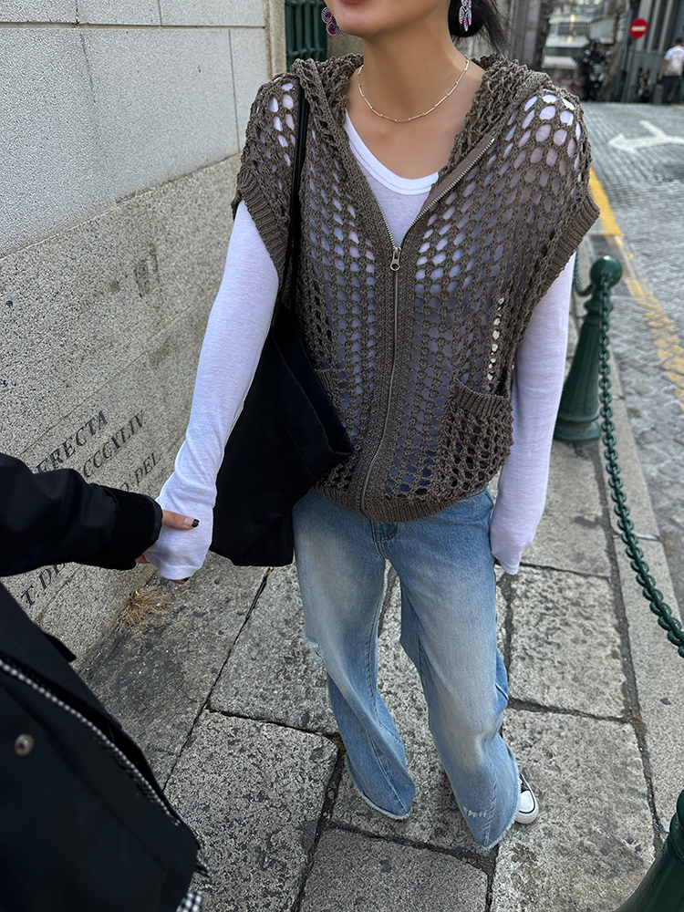 Hooded Hollow Knit Cardigan_BDHL7157