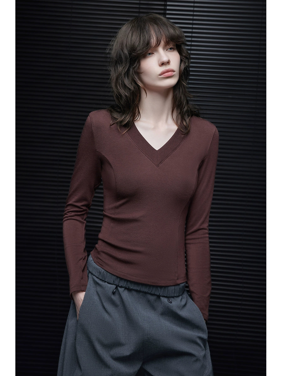 Slim Fit V-Neck Long Sleeve Top_BDHL7646