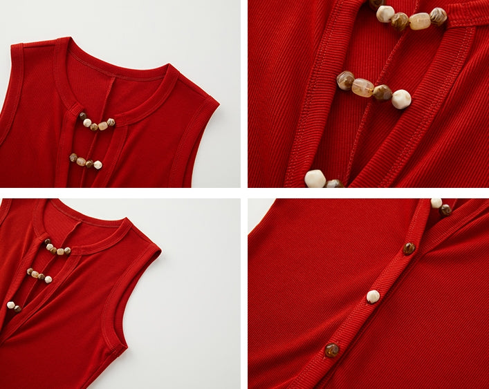 Beaded V-Neck Sleeveless Tops_BDHL7540