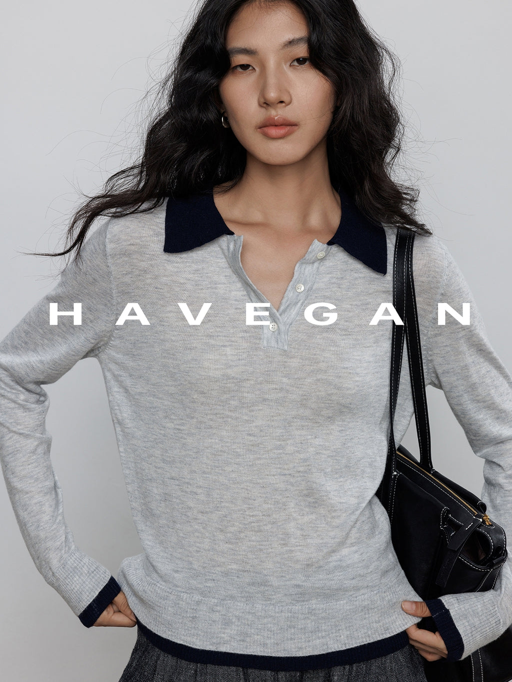 Contrast Collar Long-Sleeved Tops_BDHL7694