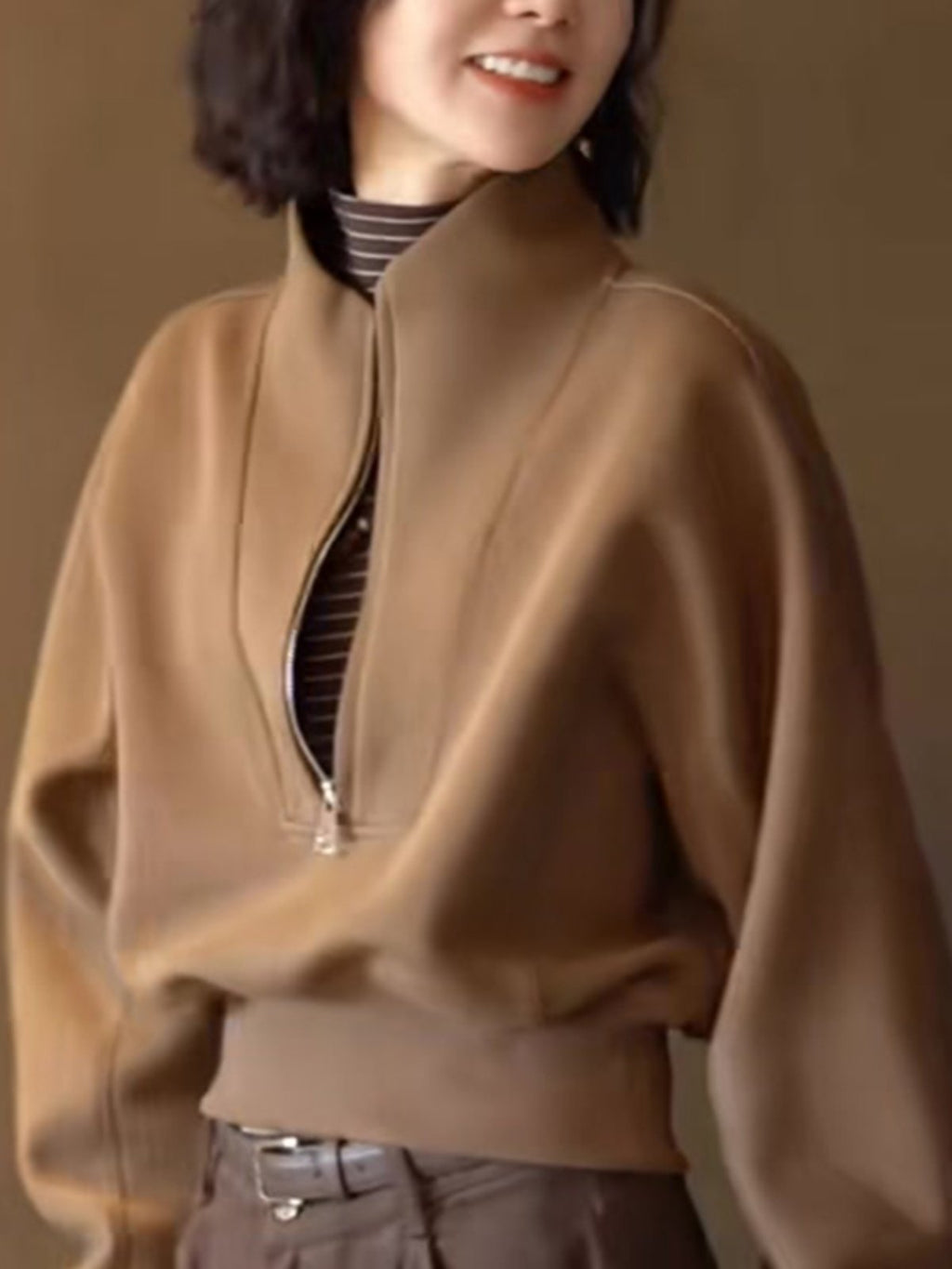 Brown Half-Zip Sweatshirt Tops_BDHL8041