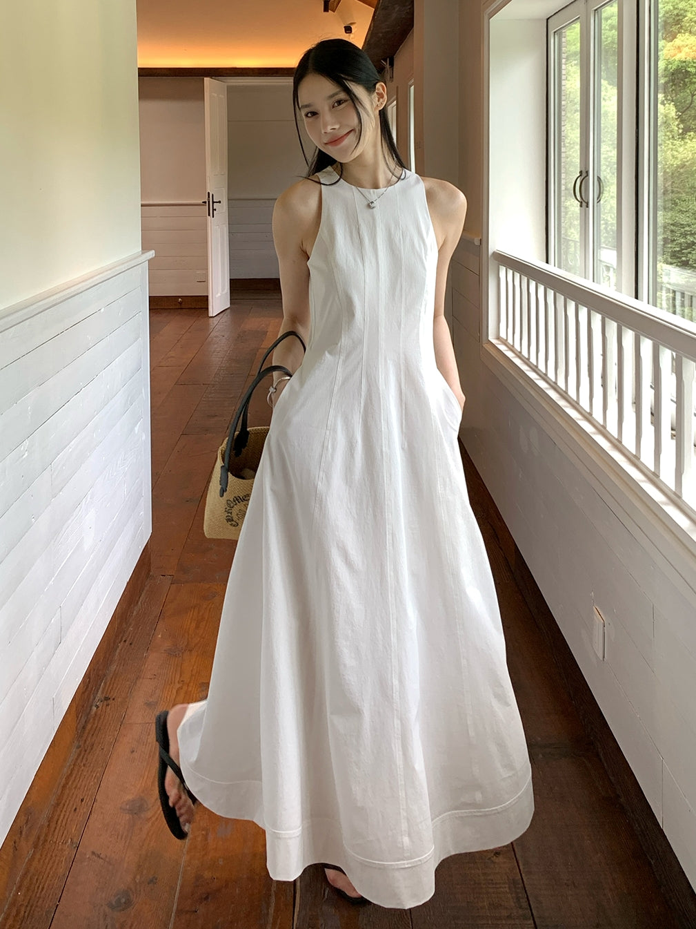 Tucks Long White Dress_BDHL7551