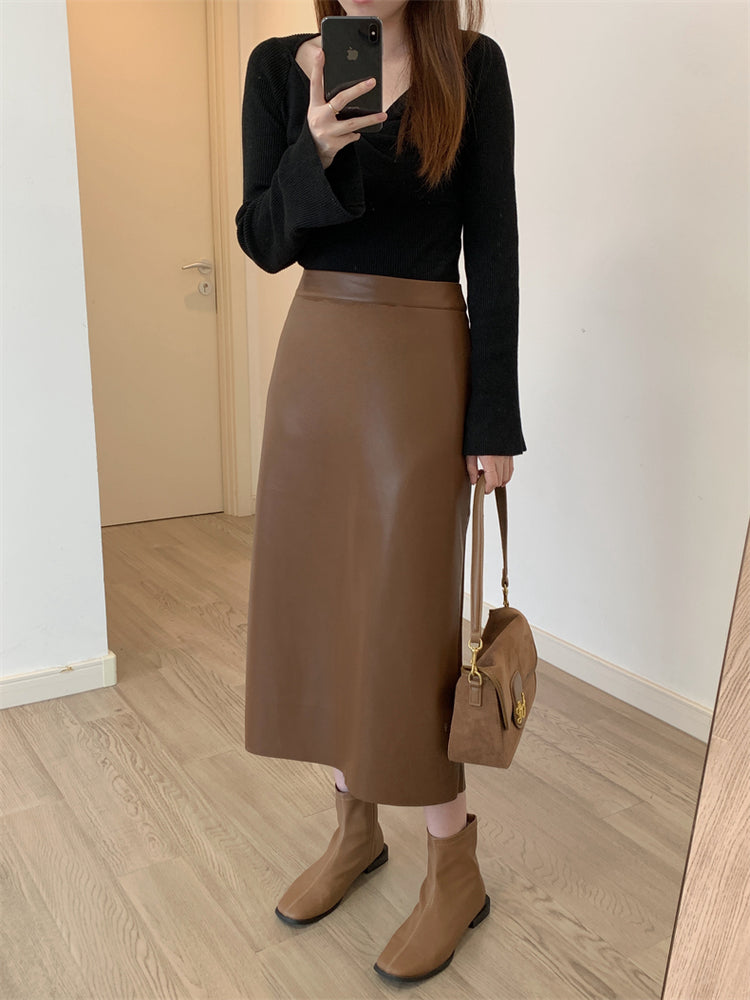 PU Leather Back Slit Skirt_BDHL6766