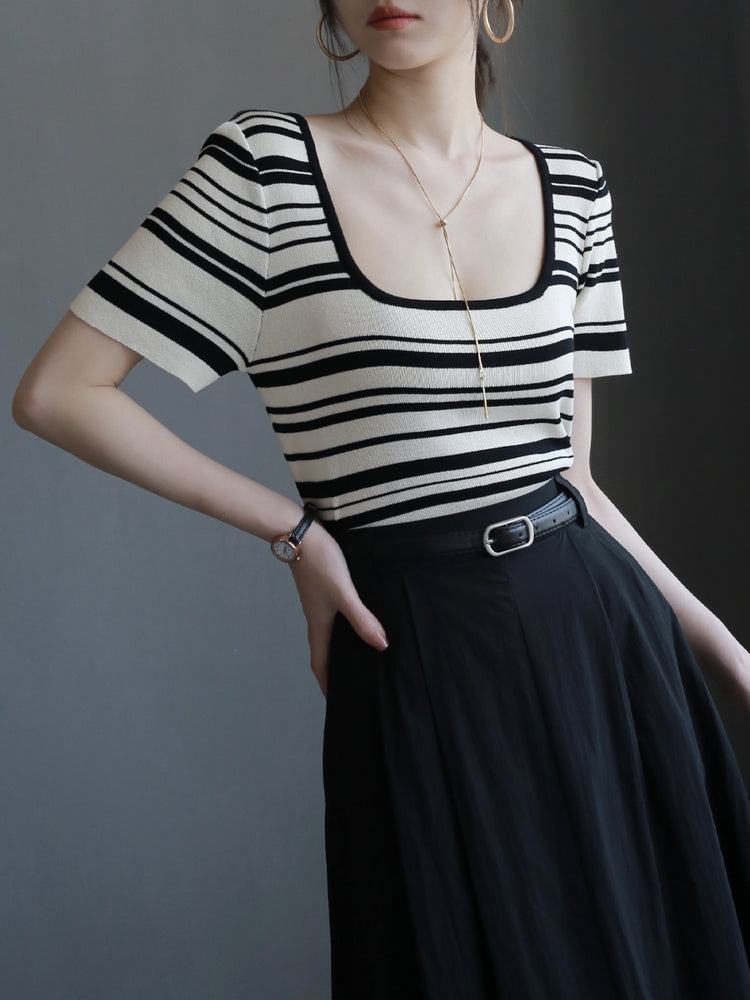 Striped Square Neck T-Shirt_BDHL6046