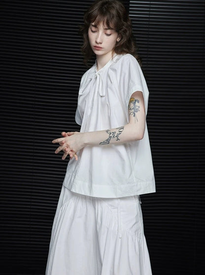 White Bow Tie Short Sleeve Shirt_BDHL6249