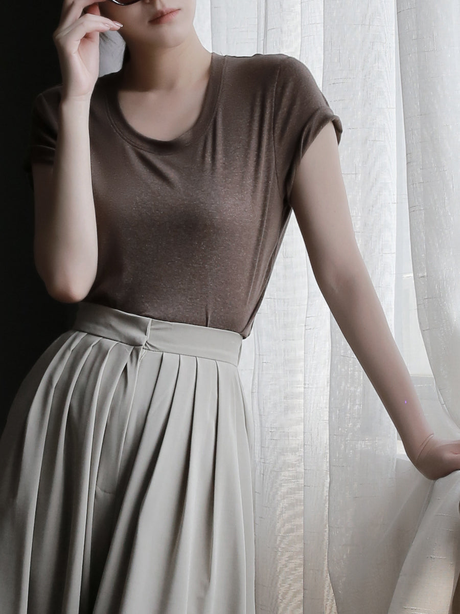 Deep U-Neck Short-Sleeved Tops_BDHL7577