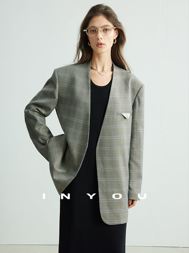 Chequered Collarless Jacket_BDHL7154